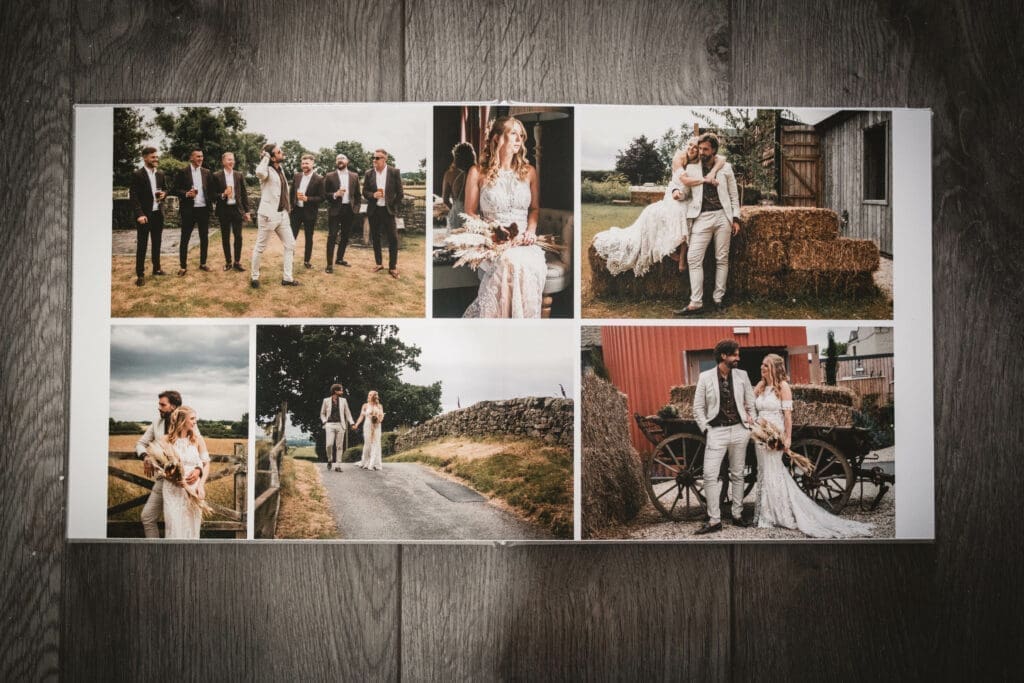 A wedding album spread showing the wedding party