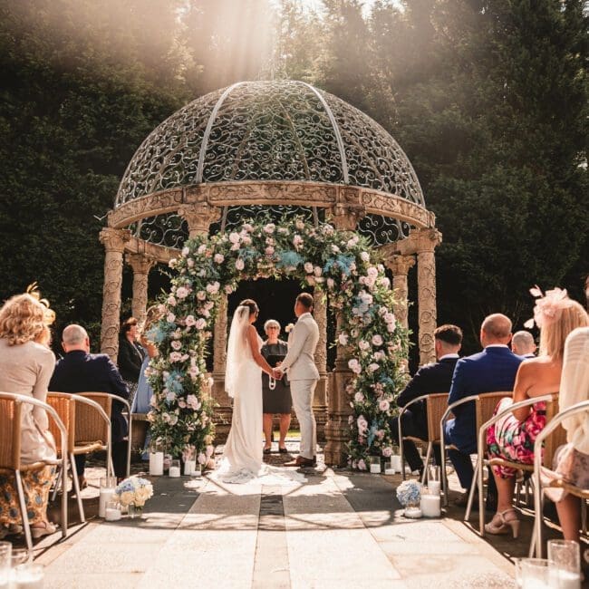 Georgia & Callum – 1014 Sun shining on couple as the getting married at saddlworth hotel for the outdoor ceremony | West Yorkshire Wedding photographer