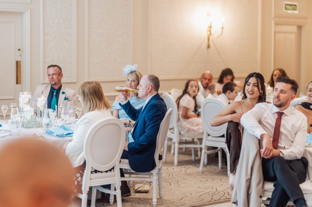 Guests listen to the speeches in the ballroom at Wentbridge House Hotel near Pontefract.