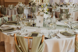 Wedding breakfast table at Hodsock Priory styled in sage green and white with candles and greenery