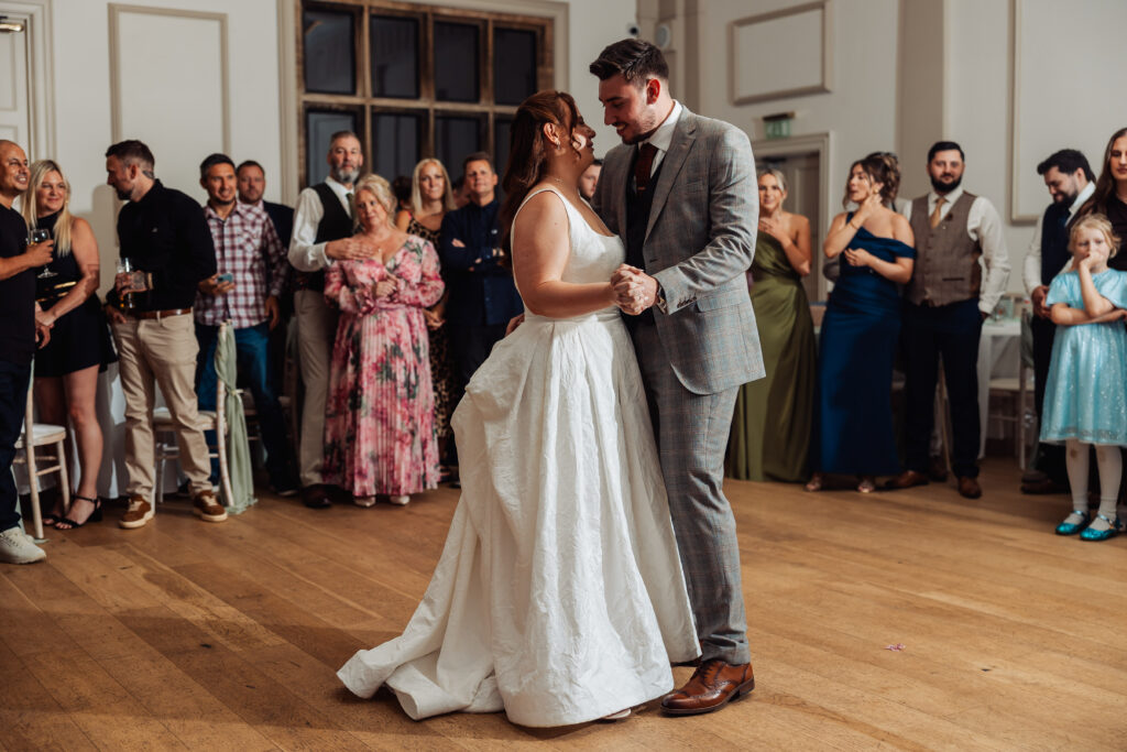 Bride and groom during their first dance at Hodsock Priory